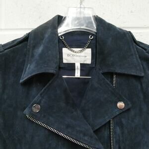 BcBGeneration women's XS navy blue‎ suede leather moto Jacket zipper cuff